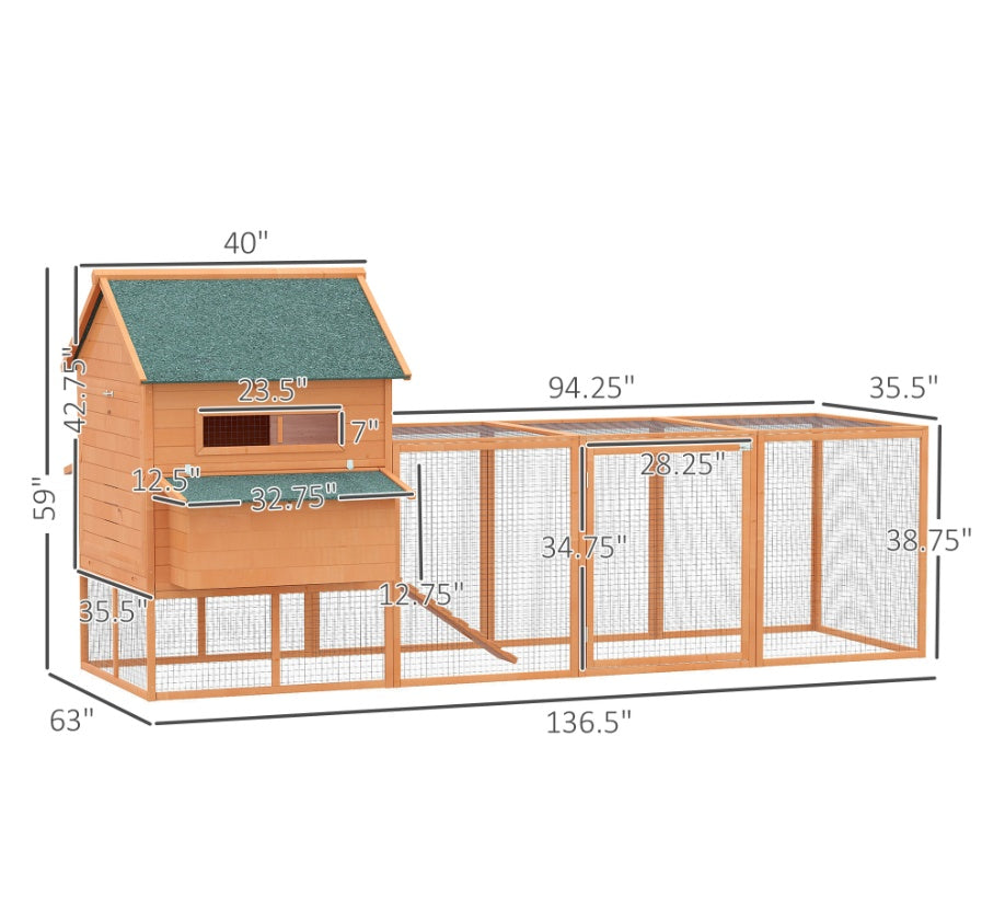 137 Chicken Coop For 8-10 Chickens, Wood Chicken House, Lockable Chicken Coop Kit With Nesting Box & Run, For Backyard, Orange