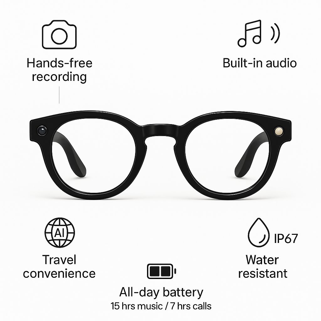 Juggas Smart Glasses – HD Camera, Bluetooth Audio & All-Day Battery
