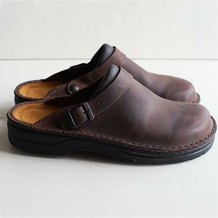 Men's Slip-On Clogs with Buckle Strap - Dark Brown