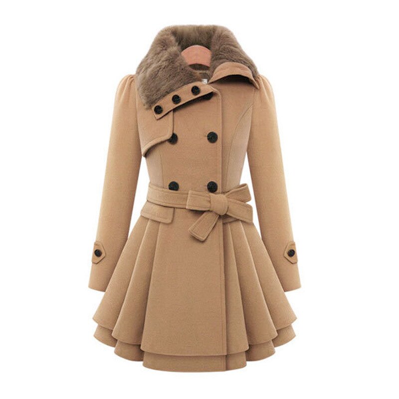 Women’s Faux Fur Collar Belted Coat – Double-Breasted Winter Jacket
