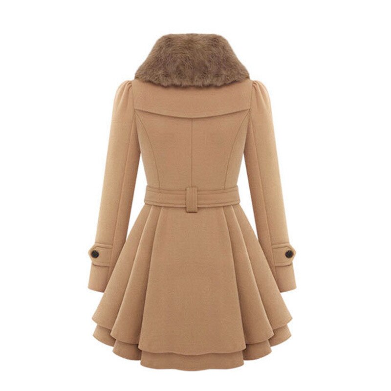 Women’s Faux Fur Collar Belted Coat – Double-Breasted Winter Jacket