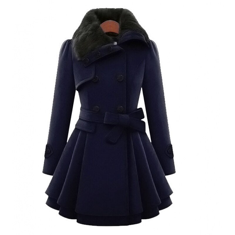 Women’s Faux Fur Collar Belted Coat – Double-Breasted Winter Jacket
