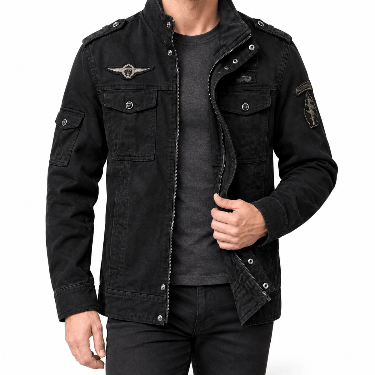 Men's Military-Style Utility Jacket with Stand Collar