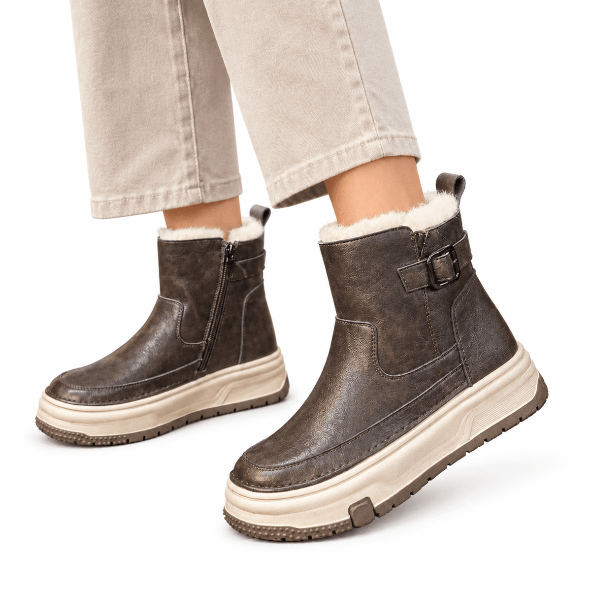 Women's Plush-Cuff Platform Boots with Buckle Strap