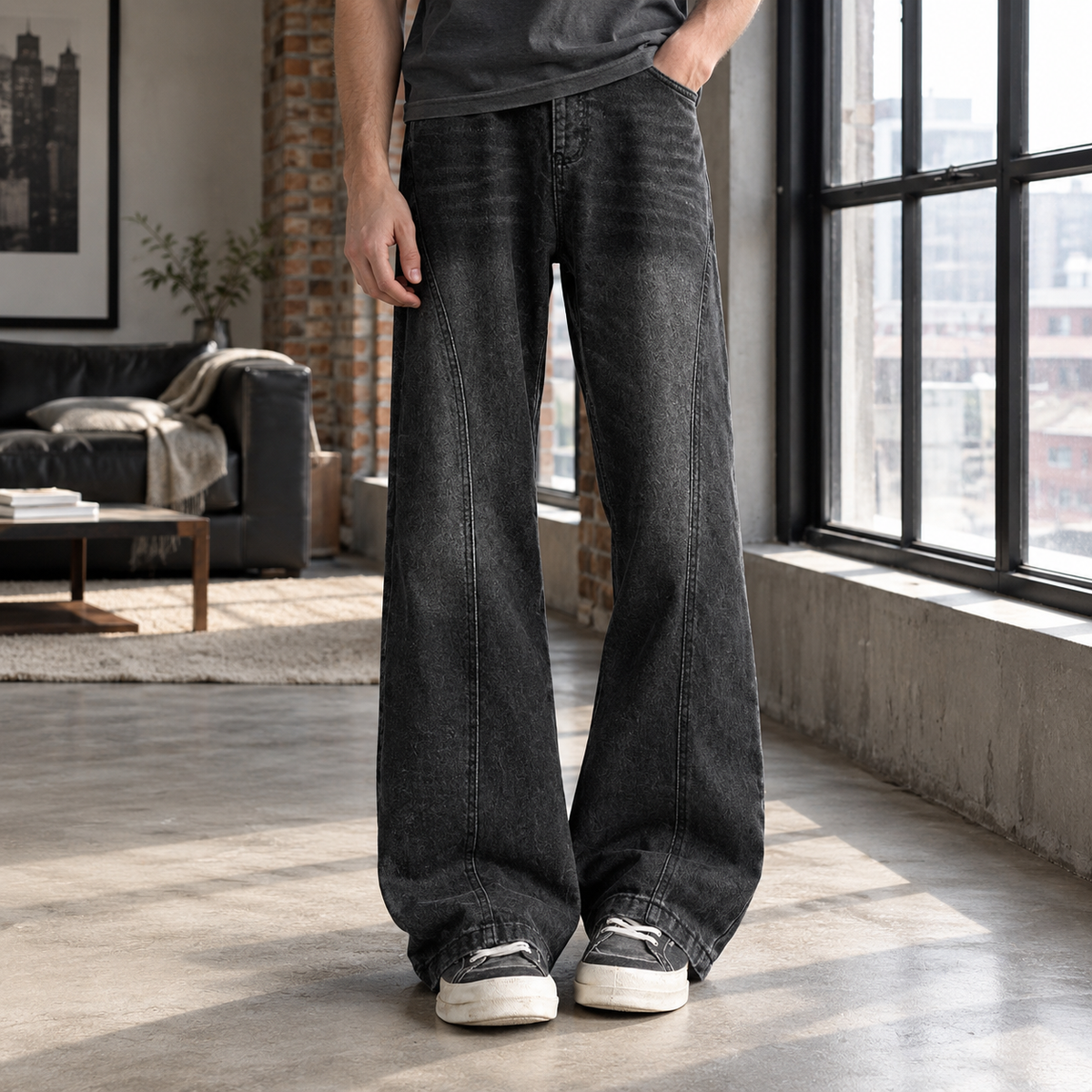 Men's Baggy Wide-Leg Jeans with Washed Finish - product view 1