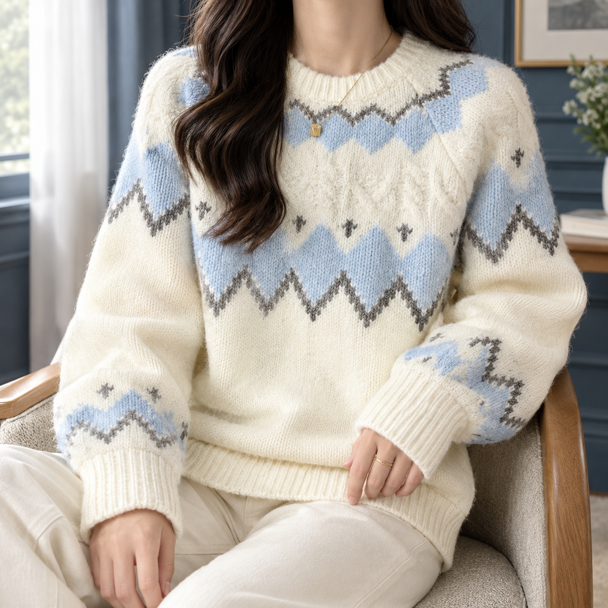 Women's Fair Isle Crewneck Sweater with Cable Detail - product view 1