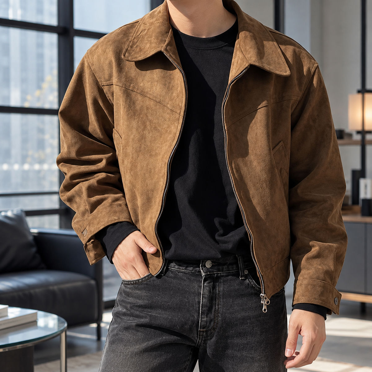 Men's Collared Zip-Up Jacket with Relaxed Fit - product view 1