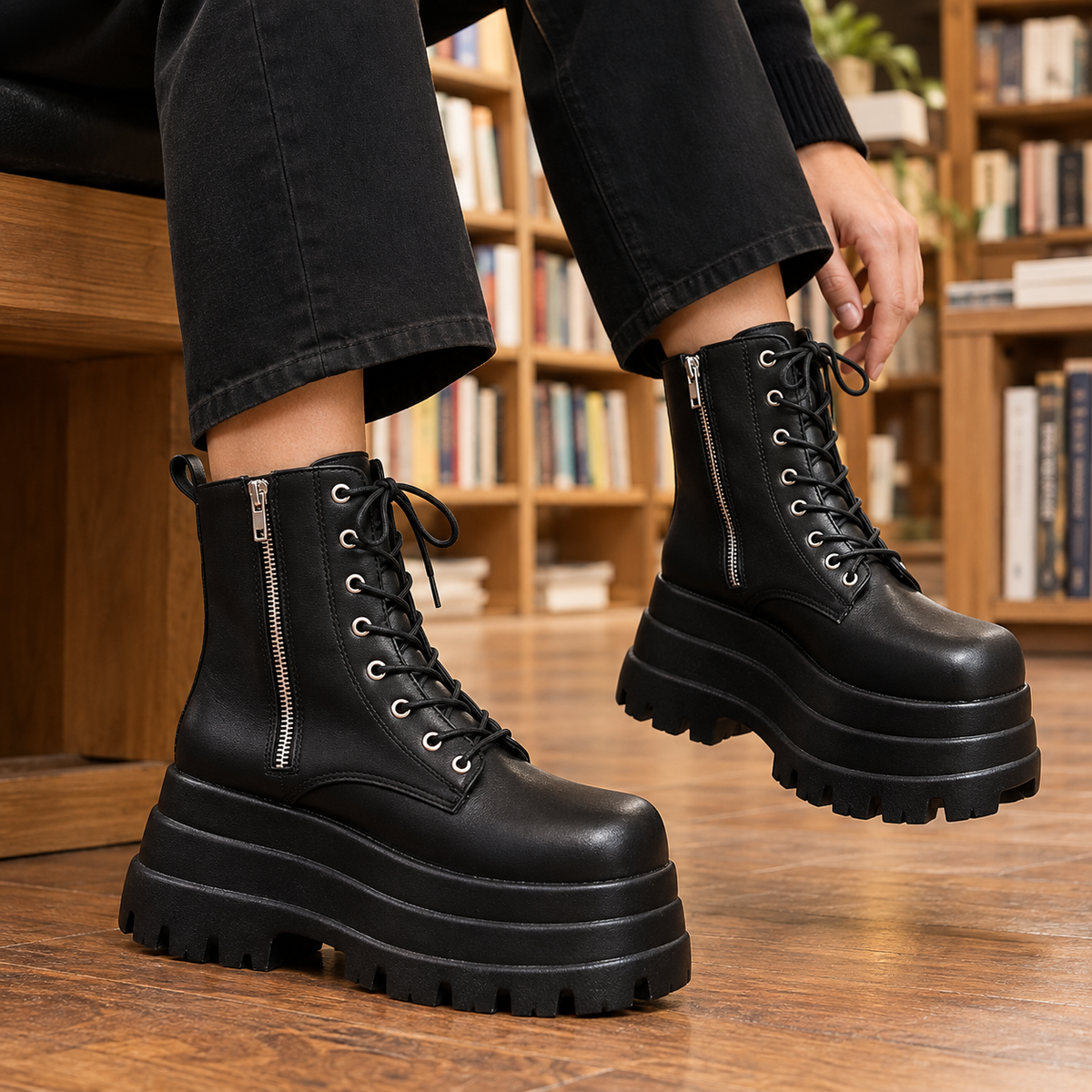 Men's Lace-Up Platform Boots with Side Zipper - product view 1