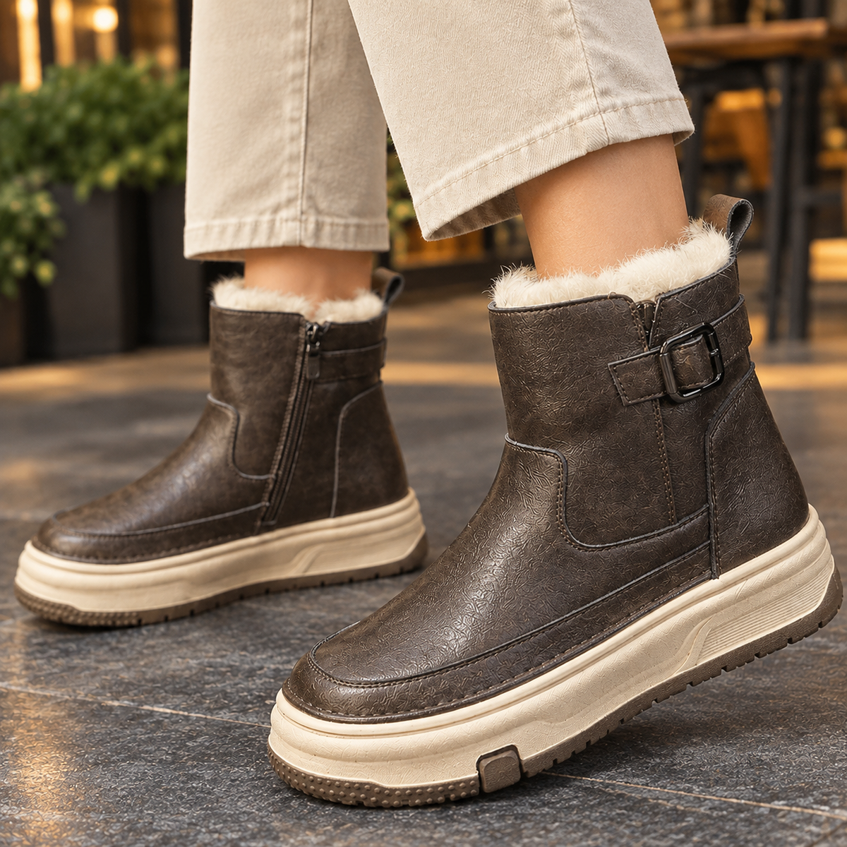 Women's Plush-Cuff Platform Boots with Buckle Strap - product view 2