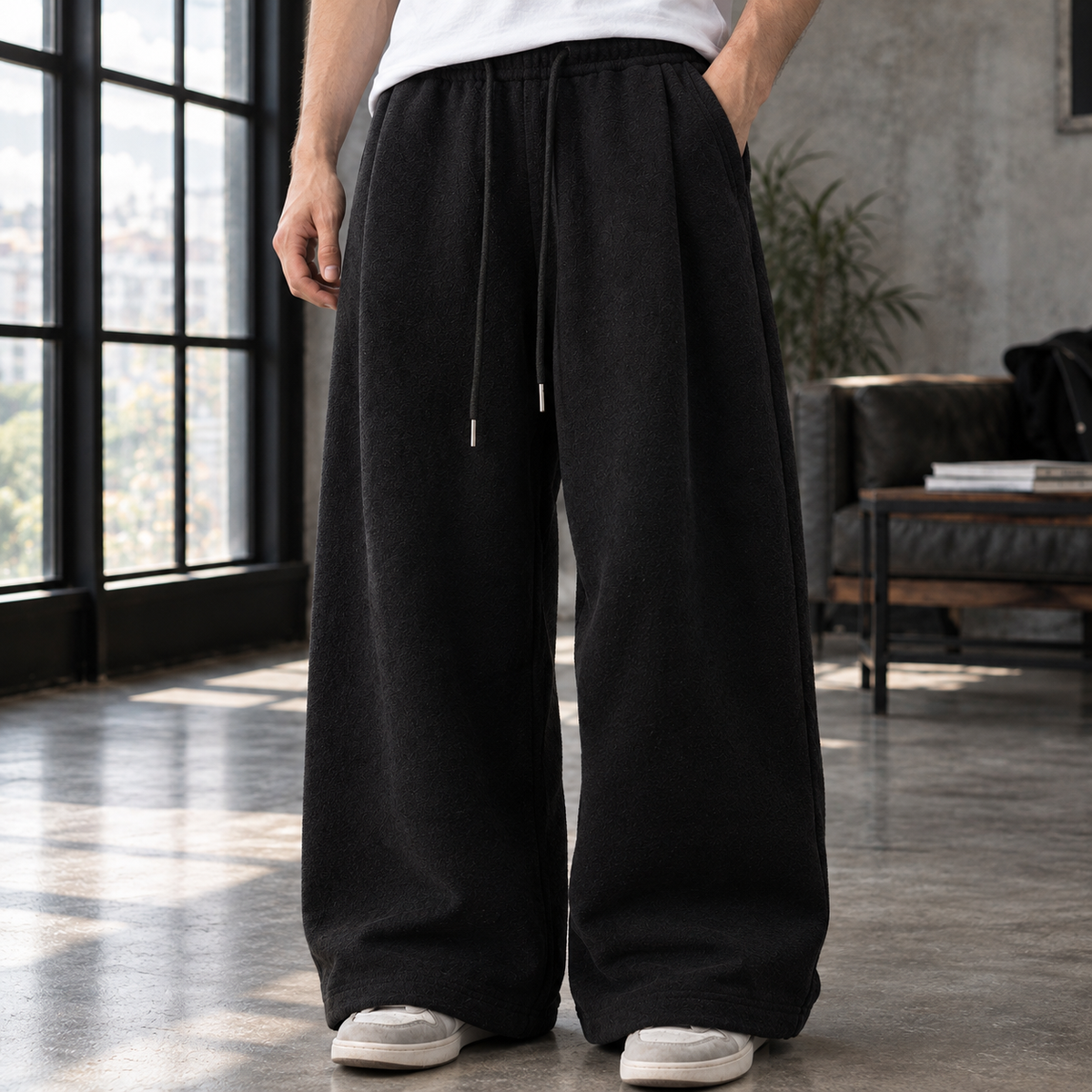 Men's Wide-Leg Pleated Pants with Drawstring Waist - product view 2