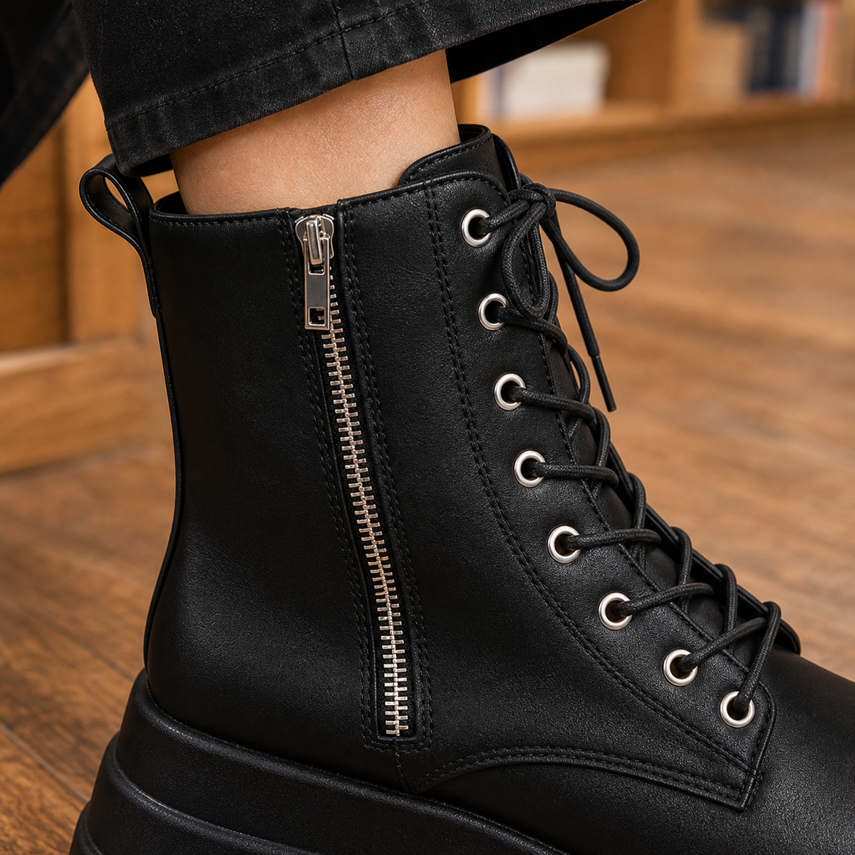 Men's Lace-Up Platform Boots with Side Zipper - product view 2