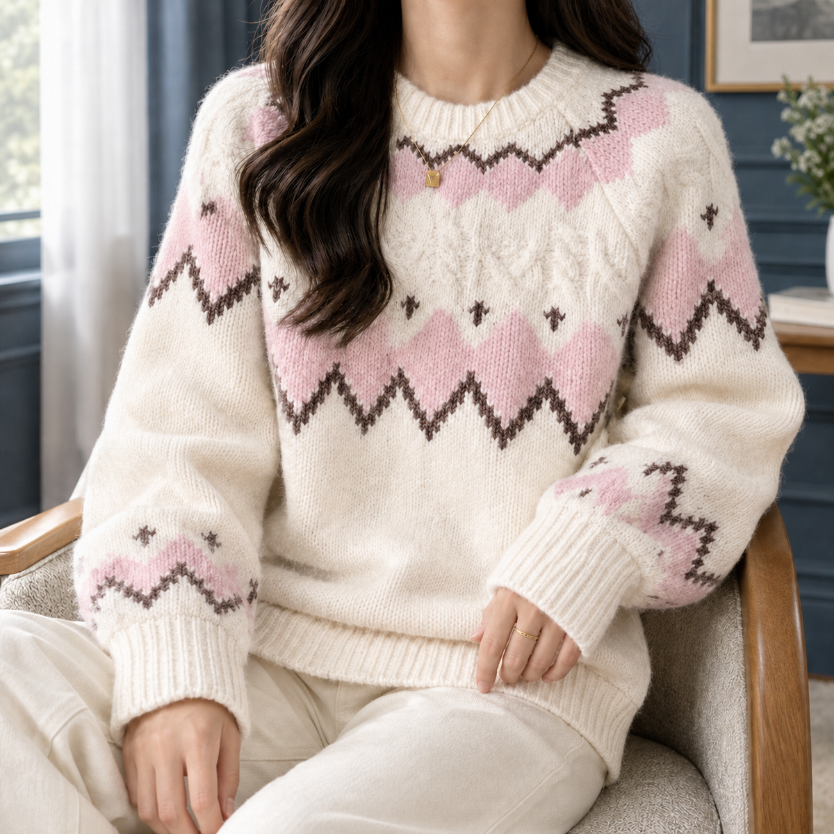 Women's Fair Isle Crewneck Sweater with Cable Detail - product view 3