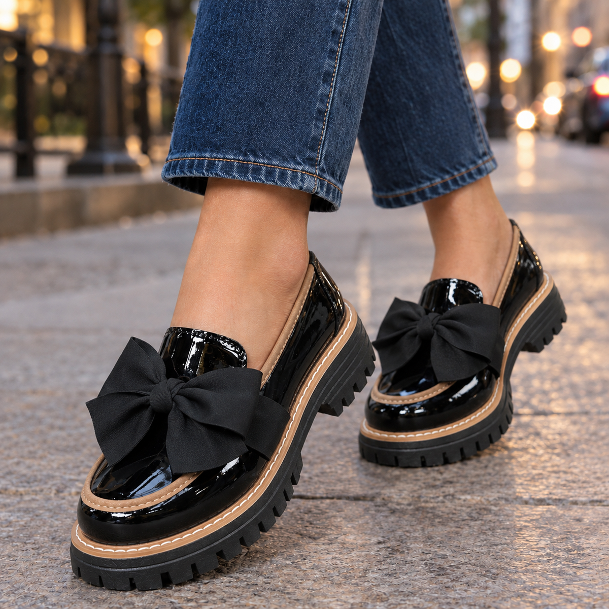 Women's Bow Loafers with Chunky Lug Sole - Black