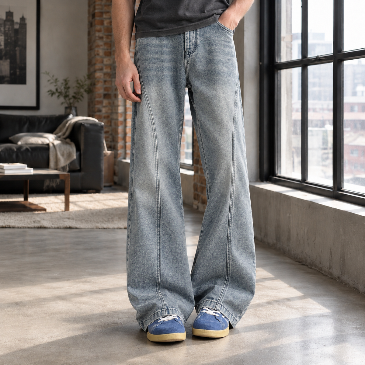 Men's Baggy Wide-Leg Jeans with Washed Finish - product view 3
