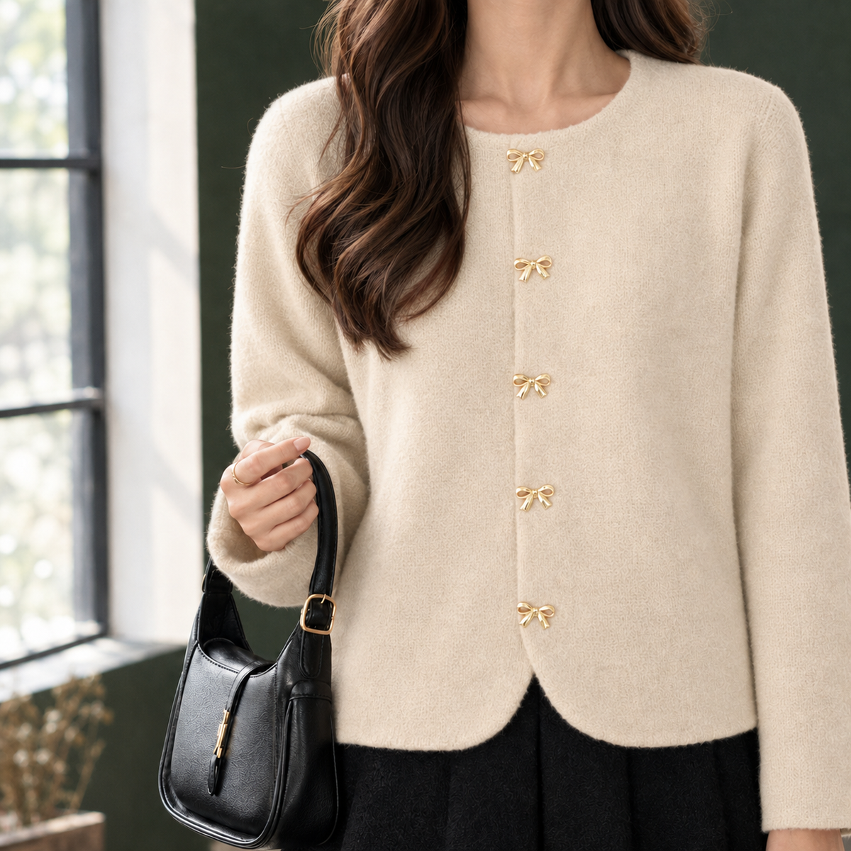 Women's Bow-Button Knit Cardigan with Round Neck - product view 3