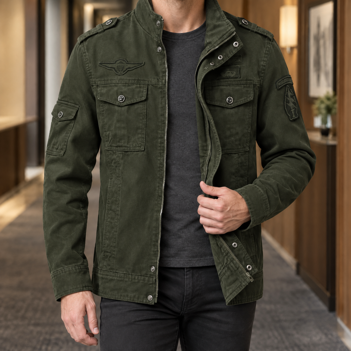 Men's Military-Style Utility Jacket with Stand Collar - product view 4