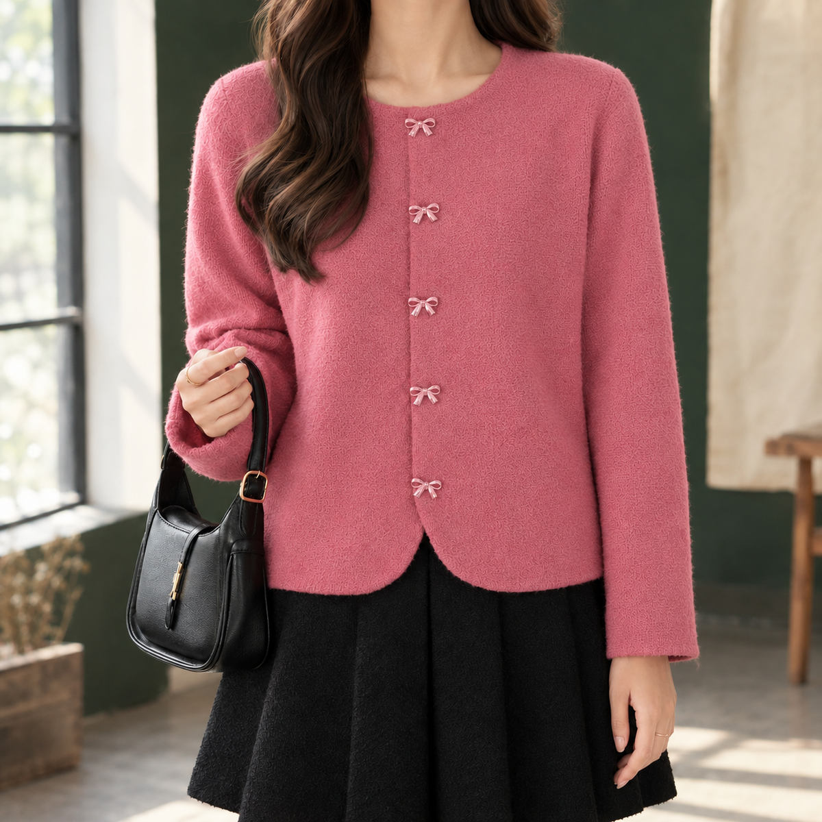 Women's Bow-Button Knit Cardigan with Round Neck - product view 4