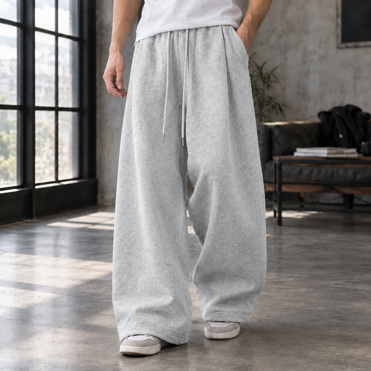 Men's Wide-Leg Pleated Pants with Drawstring Waist - product view 4