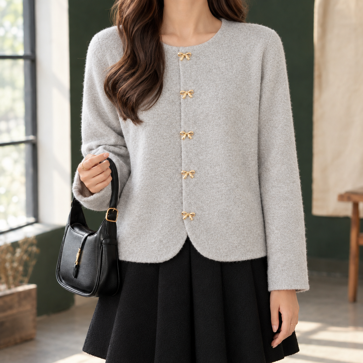 Women's Bow-Button Knit Cardigan with Round Neck - product view 5