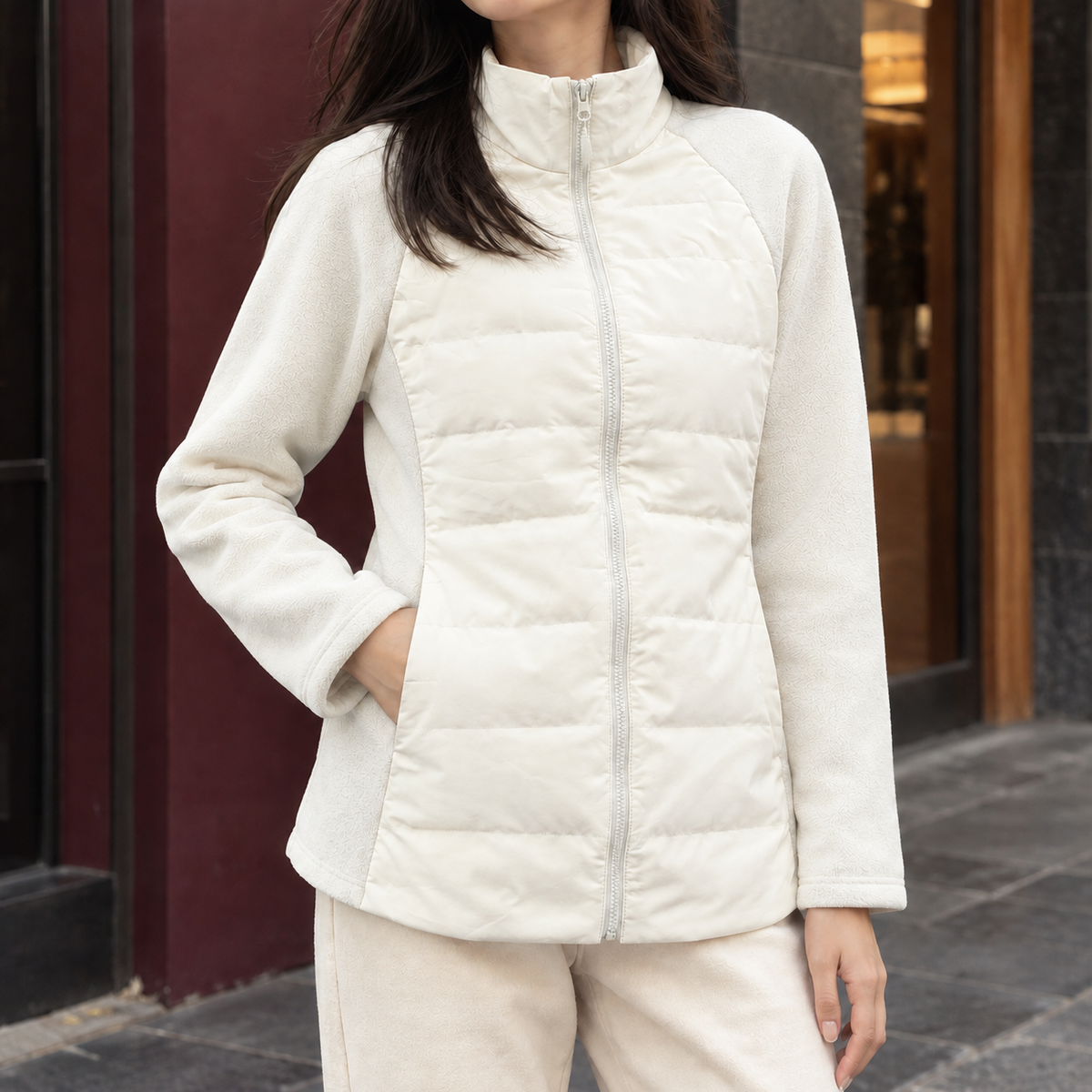Women's Quilted Front Zip-Up Jacket with Stand Collar - Milk White