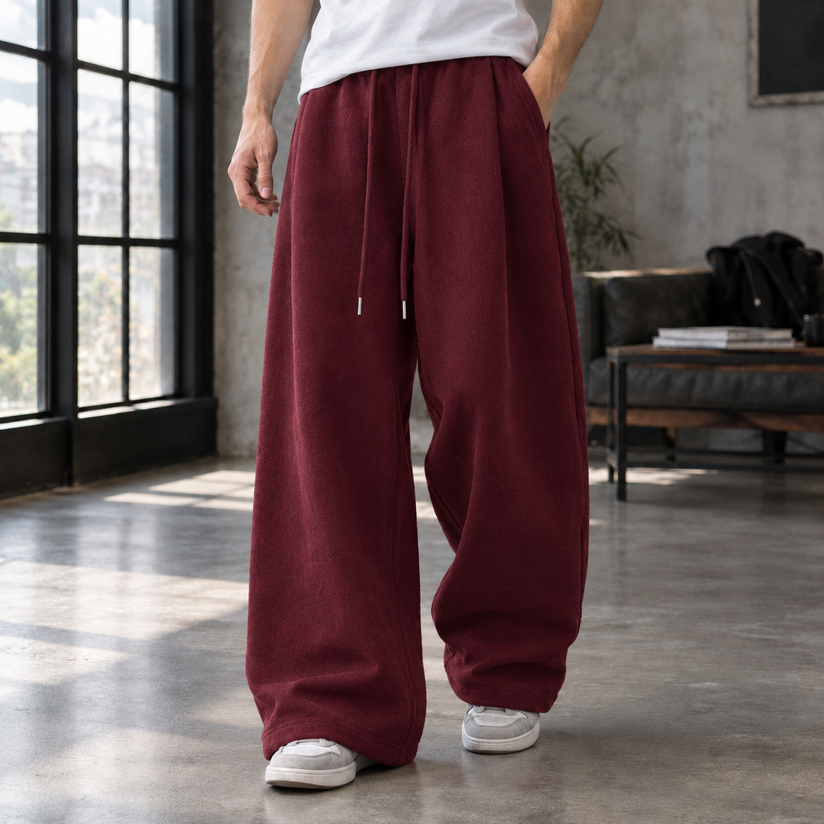 Men's Wide-Leg Pleated Pants with Drawstring Waist - product view 5