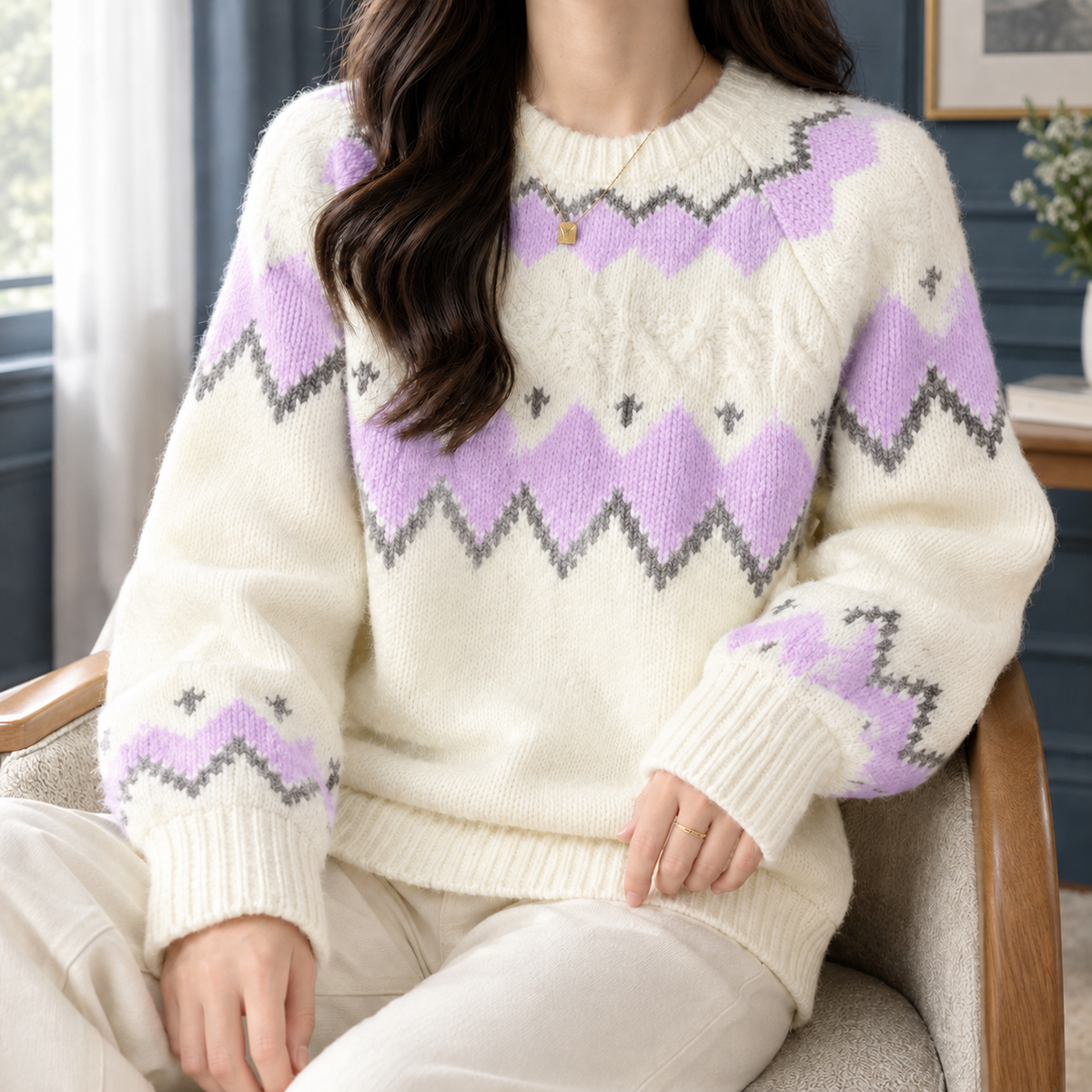 Women's Fair Isle Crewneck Sweater with Cable Detail - product view 5