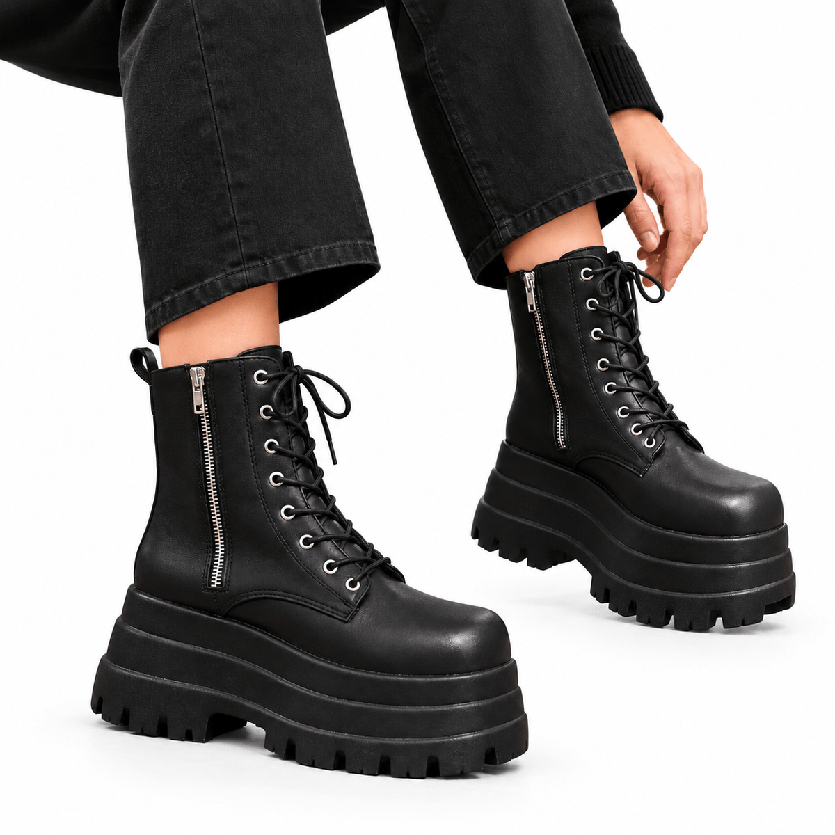 Men's Lace-Up Platform Boots with Side Zipper