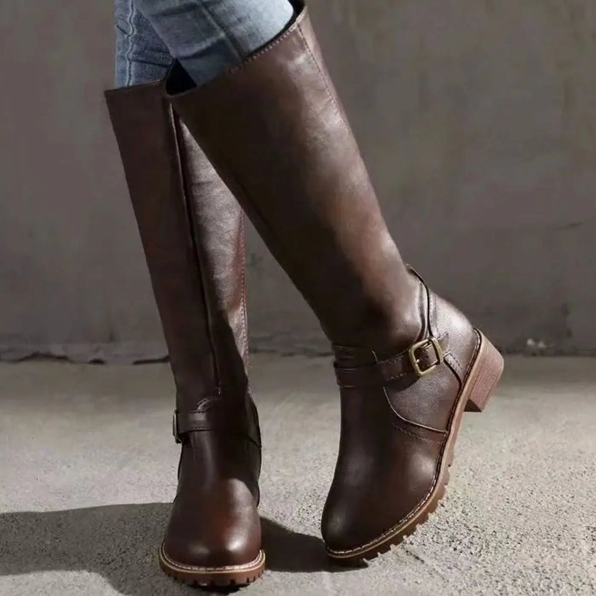 Sienna Women’s Knee-High Boots with Buckle Detail & Block Heel