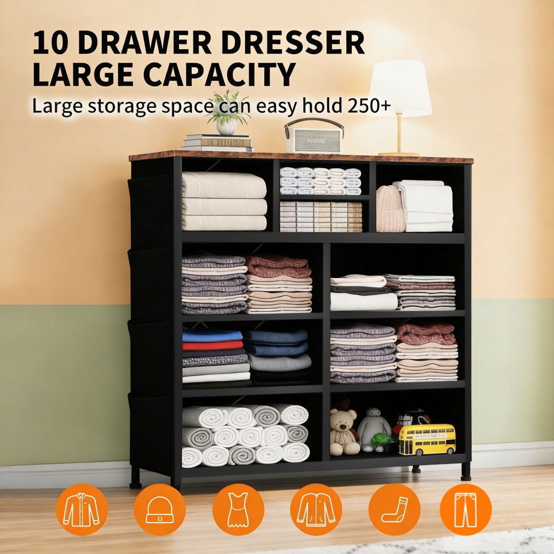 10-Drawer Dresser With Side Pocket