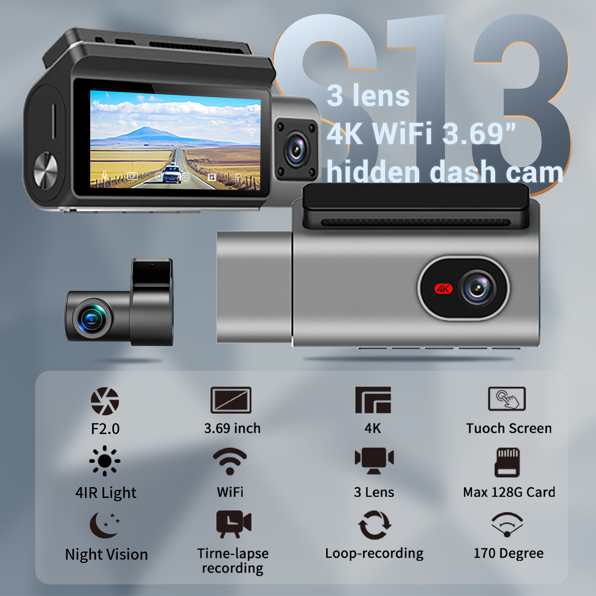 S13 4K Triple Lens Dash Cam