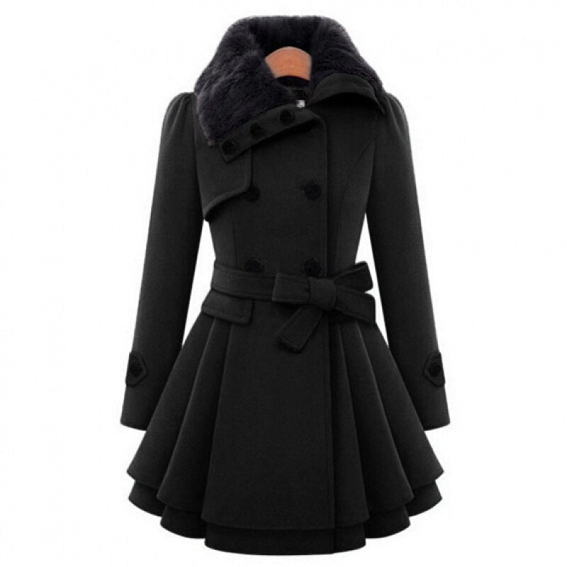 Women’s Faux Fur Collar Belted Coat – Double-Breasted Winter Jacket