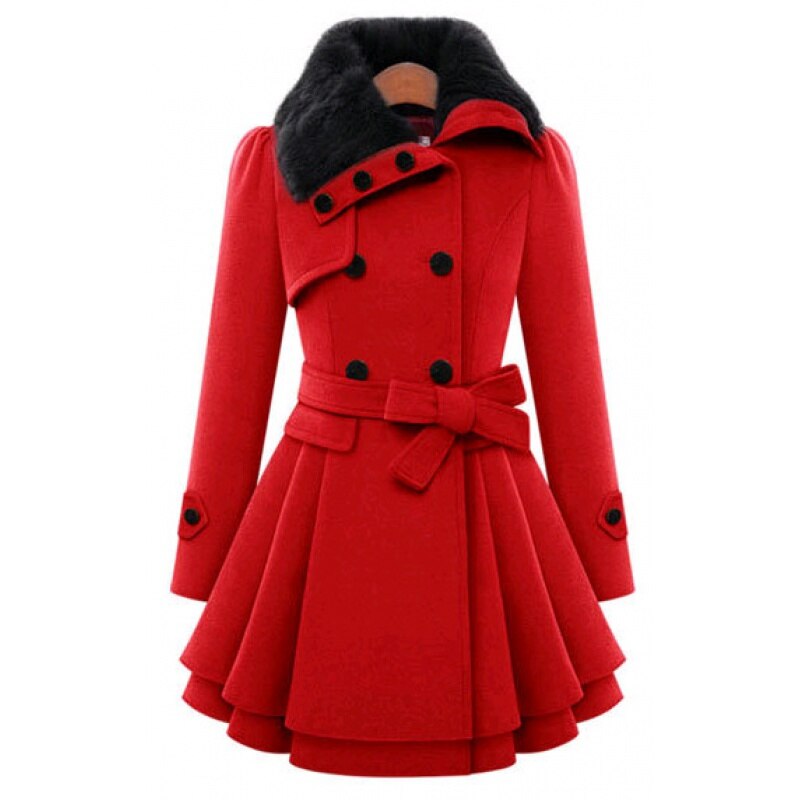 Women’s Faux Fur Collar Belted Coat – Double-Breasted Winter Jacket