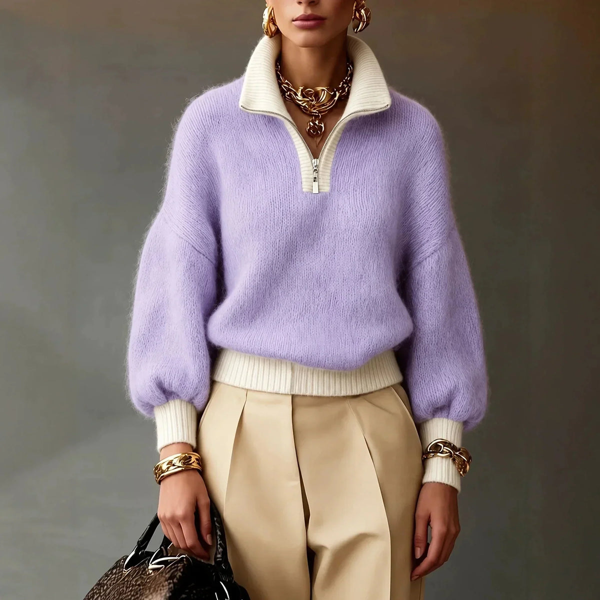 Women's Quarter-Zip Brushed Knit Jumper with Contrast Collar
