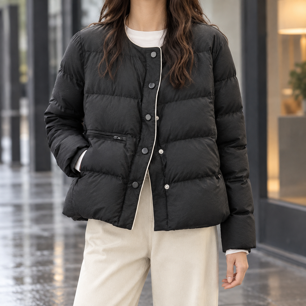 Women's Collarless Quilted Snap-Front Jacket - product view 1