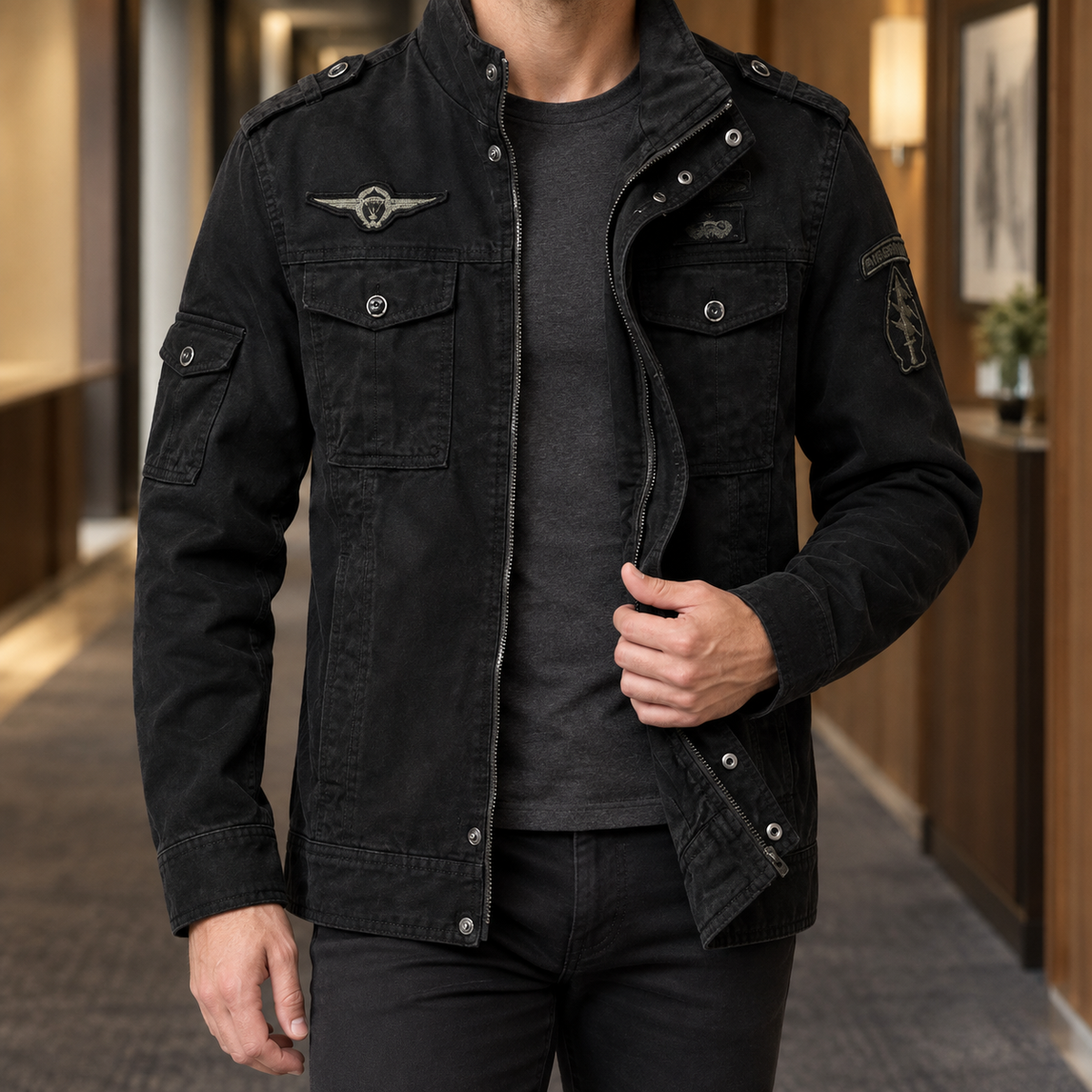 Men's Military-Style Utility Jacket with Stand Collar - product view 1