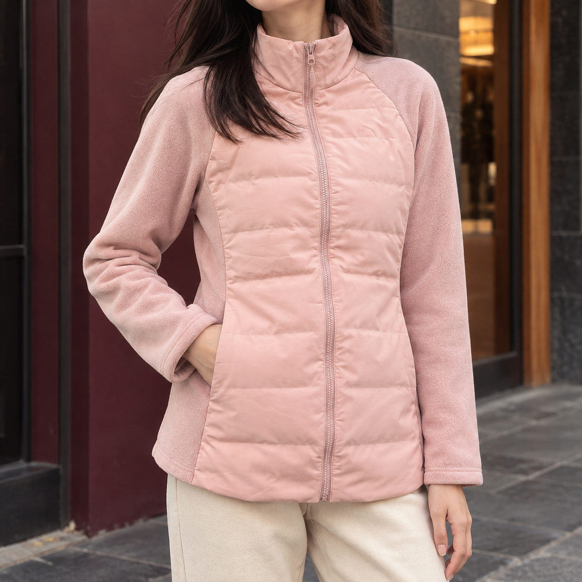 Women's Quilted Front Zip-Up Jacket with Stand Collar - Pink