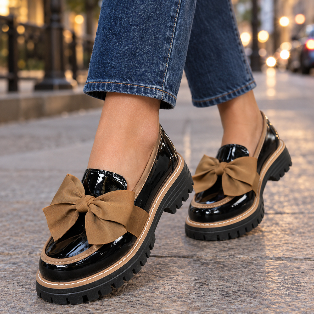 Women's Bow Loafers with Chunky Lug Sole - As Pictured
