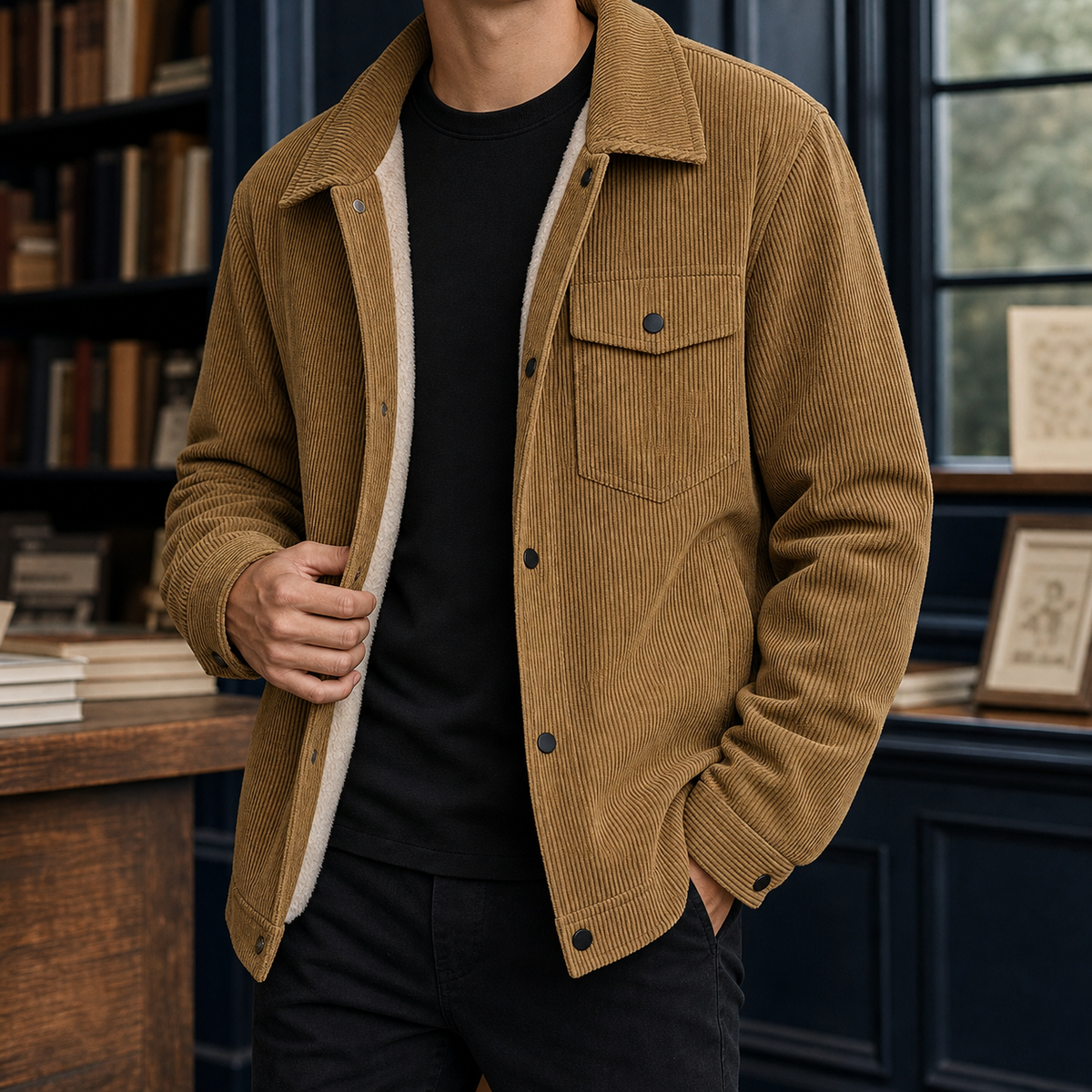Men's Plush-Lined Corduroy Snap-Front Jacket - product view 1