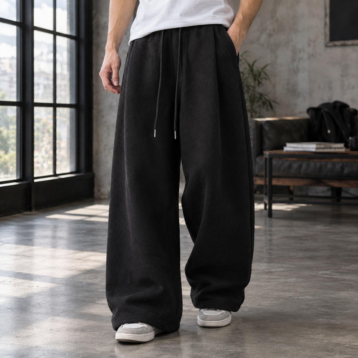 Men's Wide-Leg Pleated Pants with Drawstring Waist - product view 1