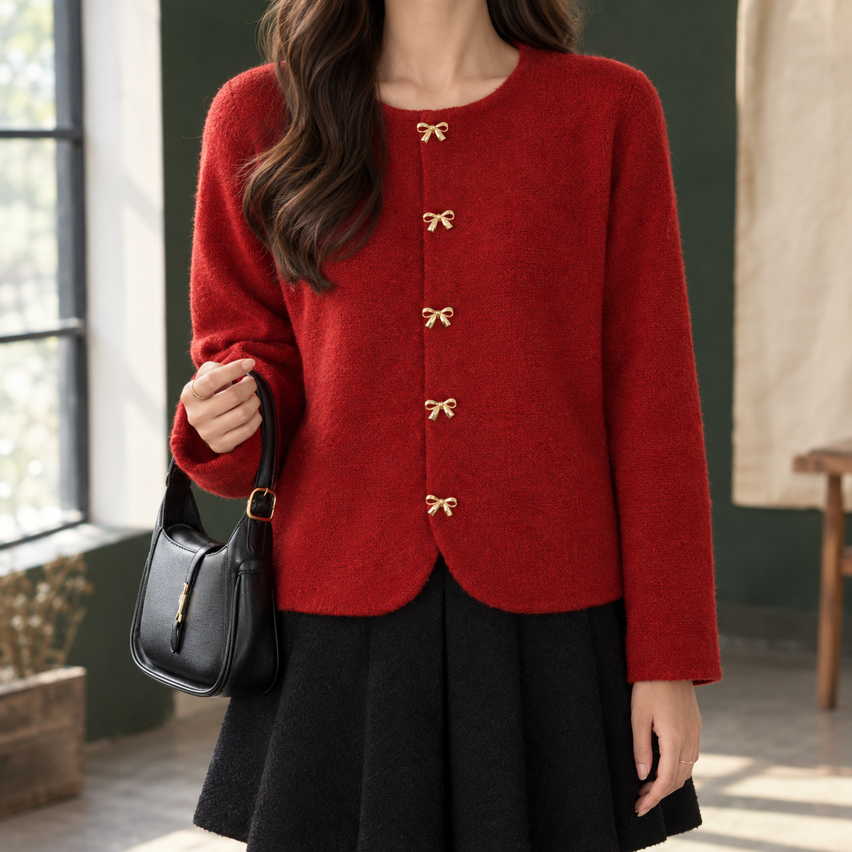 Women's Bow-Button Knit Cardigan with Round Neck - product view 1