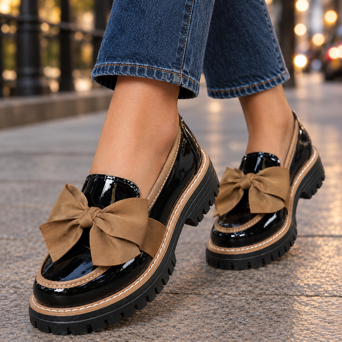 Women's Bow Loafers with Chunky Lug Sole - As Pictured