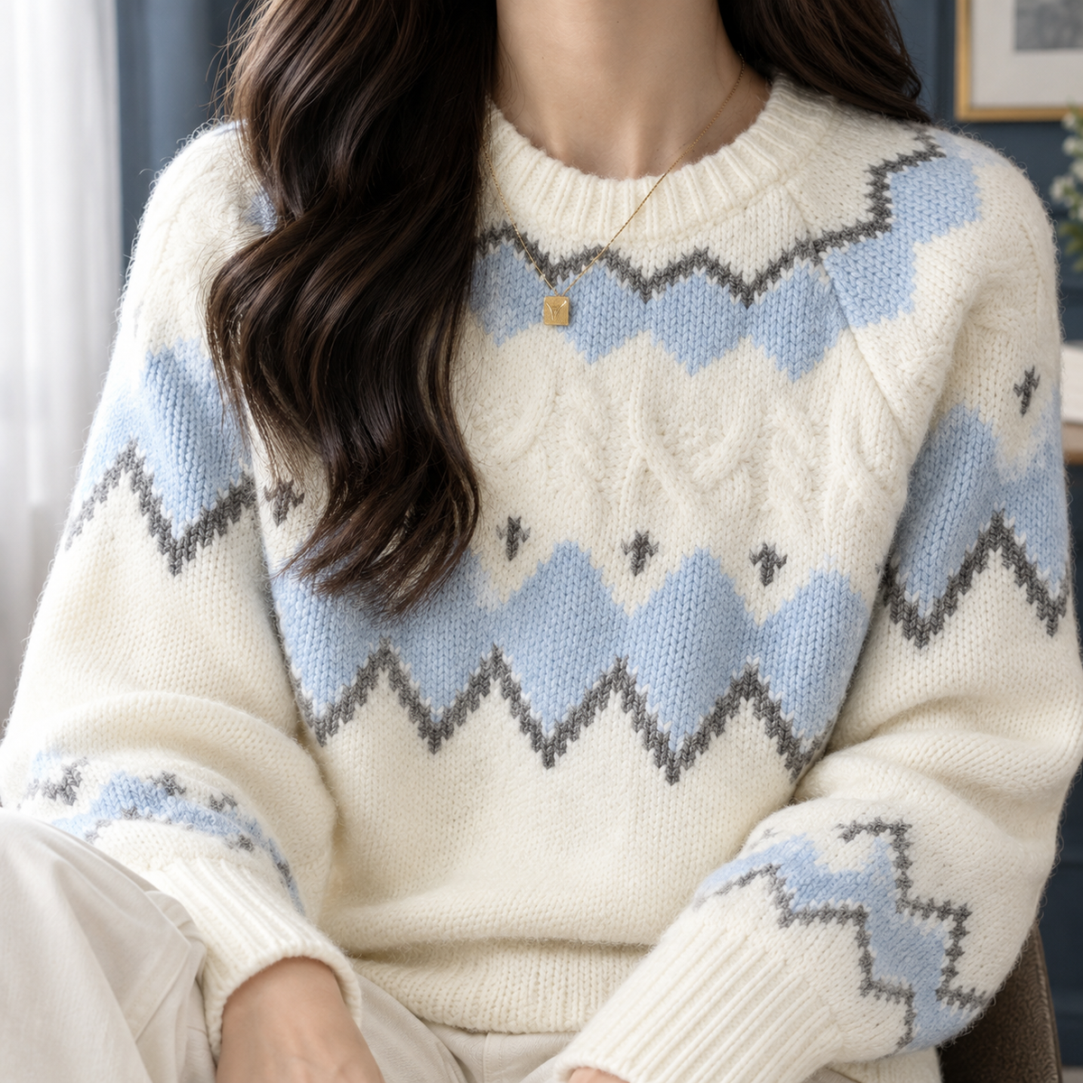 Women's Fair Isle Crewneck Sweater with Cable Detail - product view 2