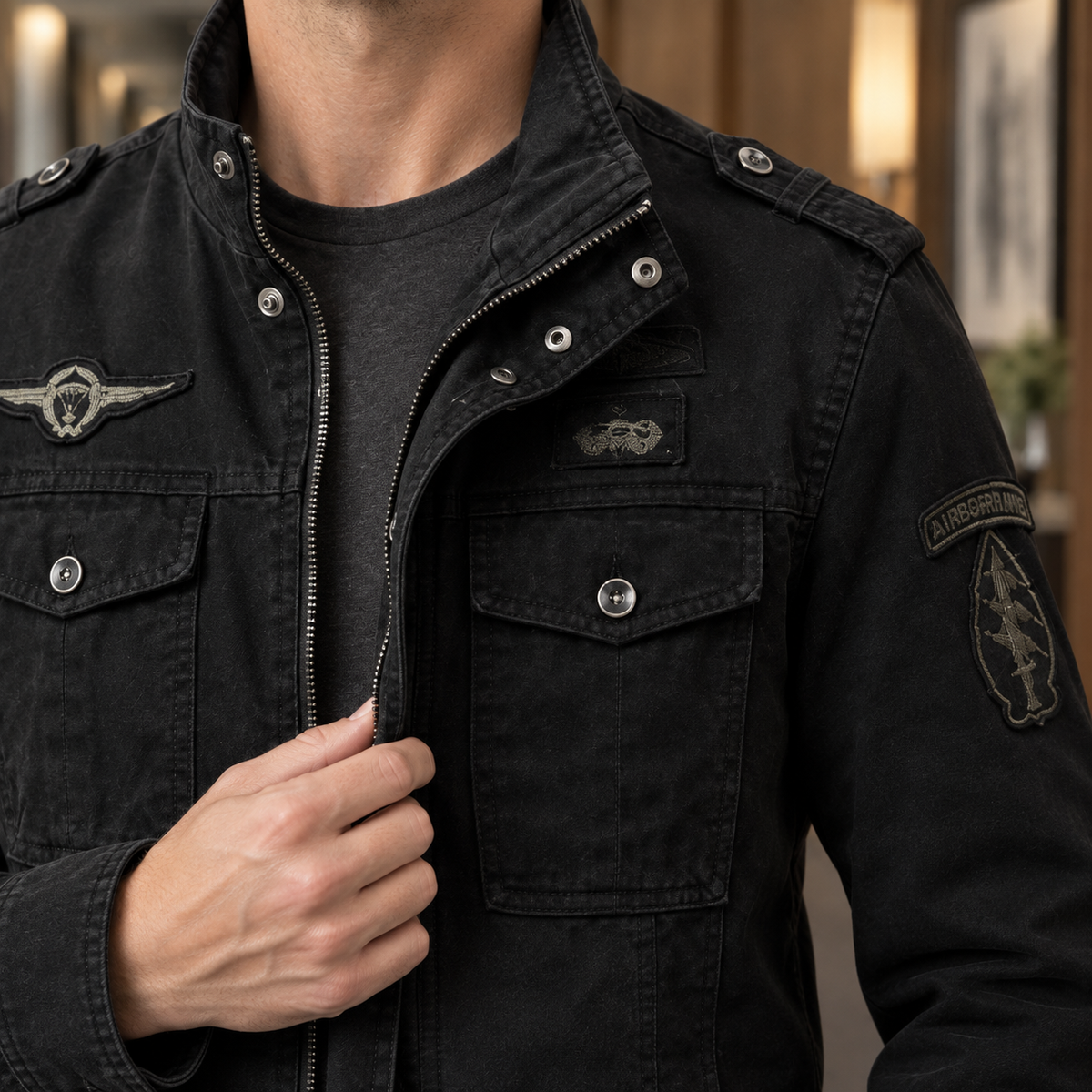 Men's Military-Style Utility Jacket with Stand Collar - product view 2