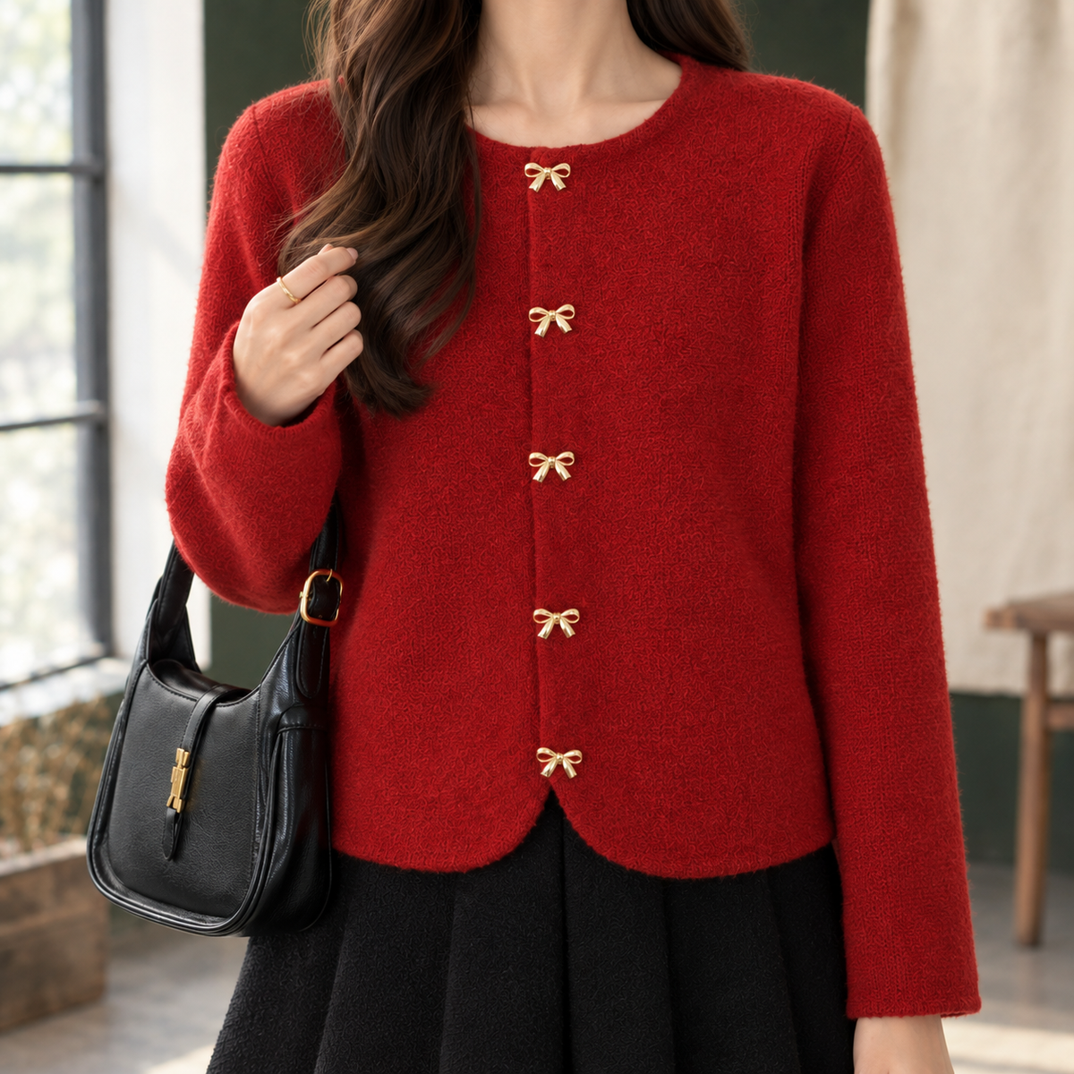 Women's Bow-Button Knit Cardigan with Round Neck - product view 2