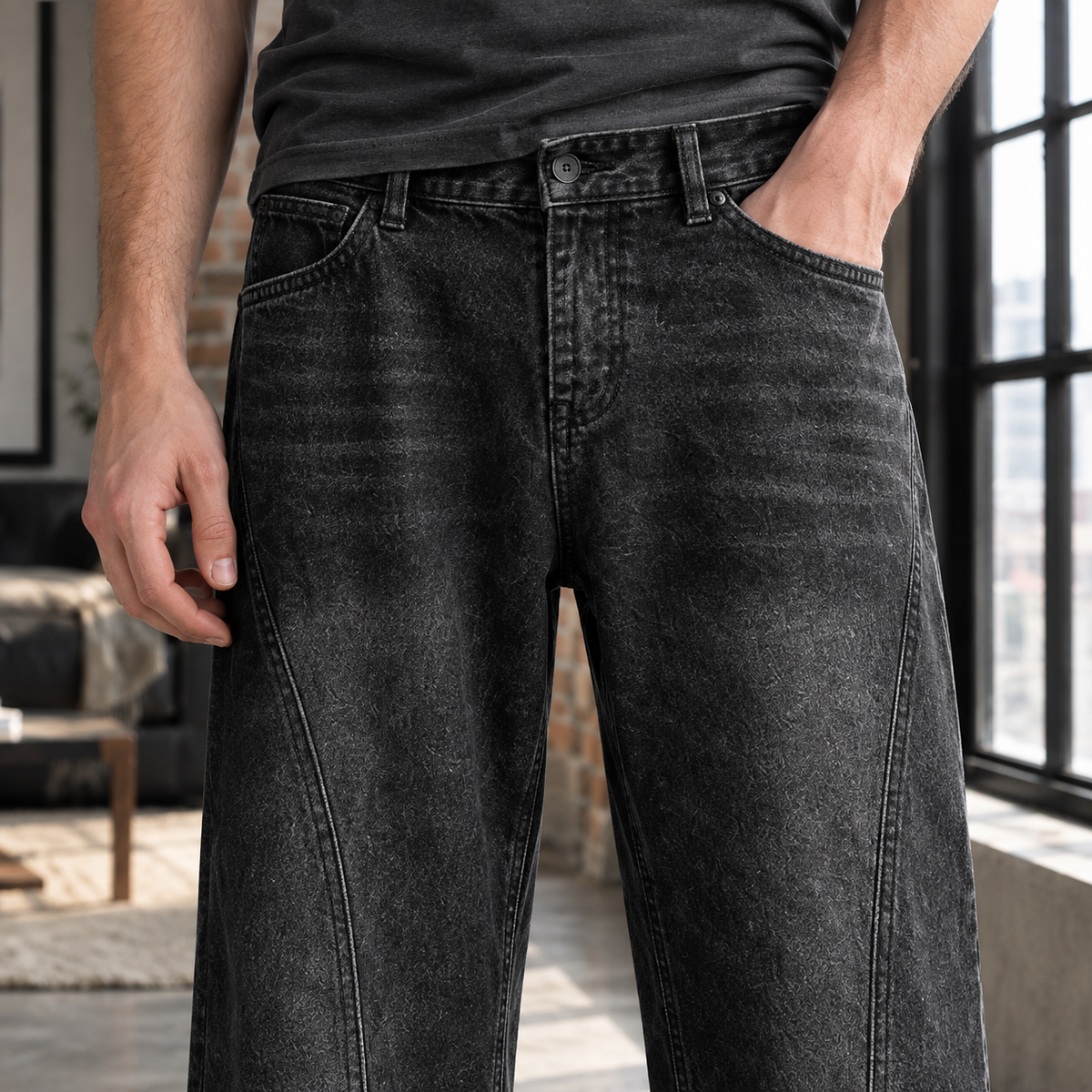 Men's Baggy Wide-Leg Jeans with Washed Finish - product view 2