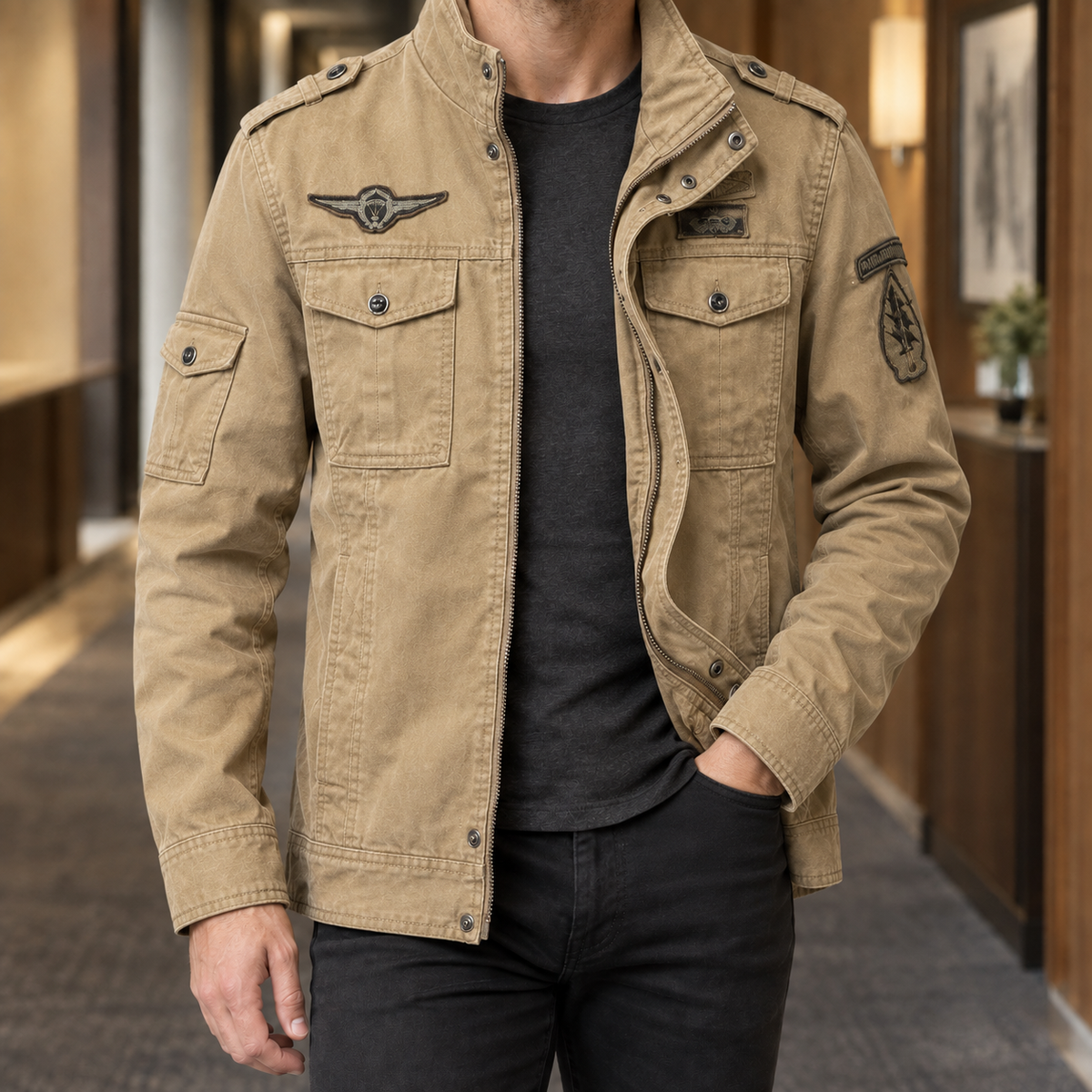 Men's Military-Style Utility Jacket with Stand Collar - product view 3