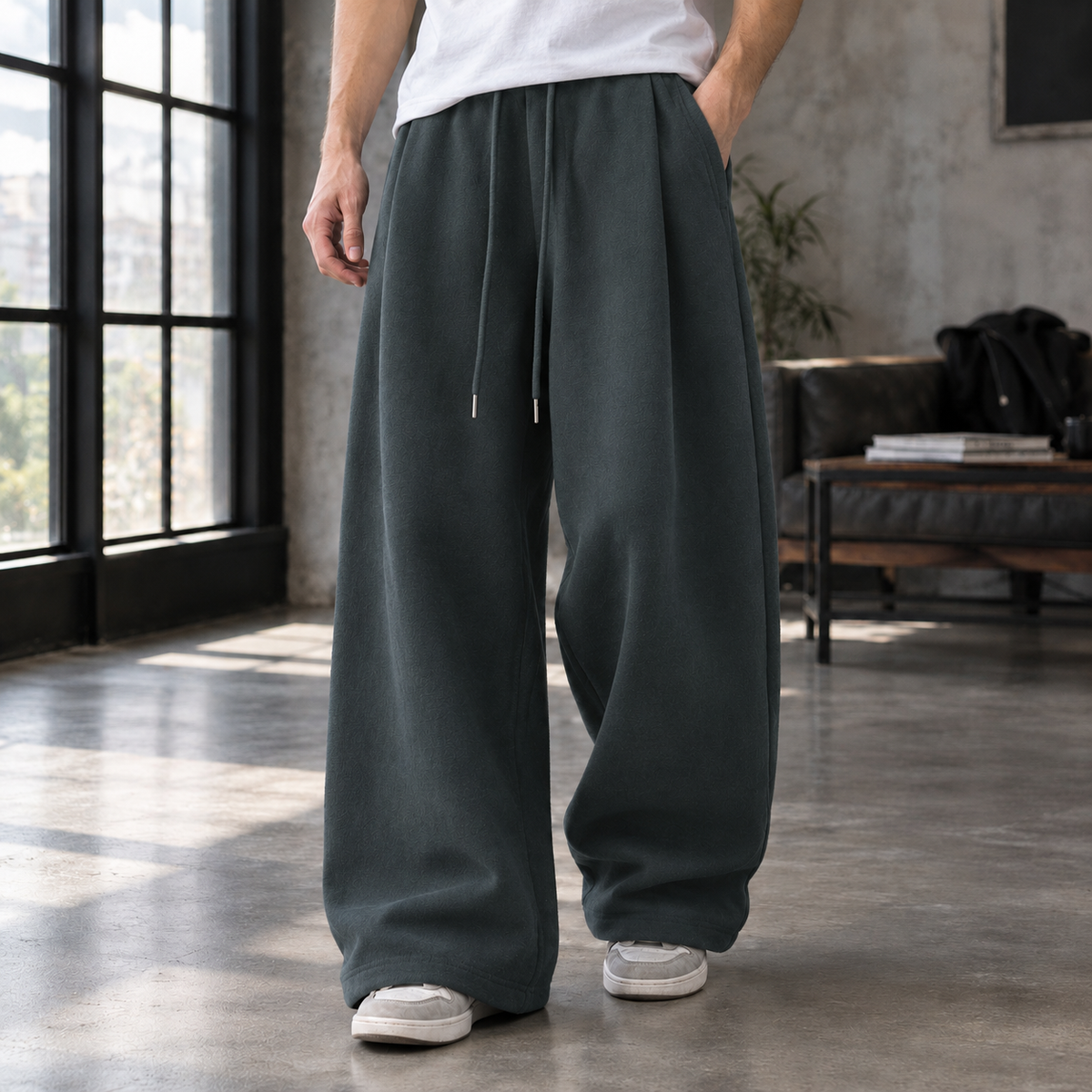 Men's Wide-Leg Pleated Pants with Drawstring Waist - product view 3