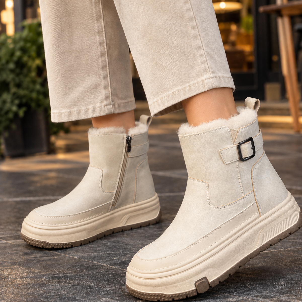 Women's Plush-Cuff Platform Boots with Buckle Strap - product view 3
