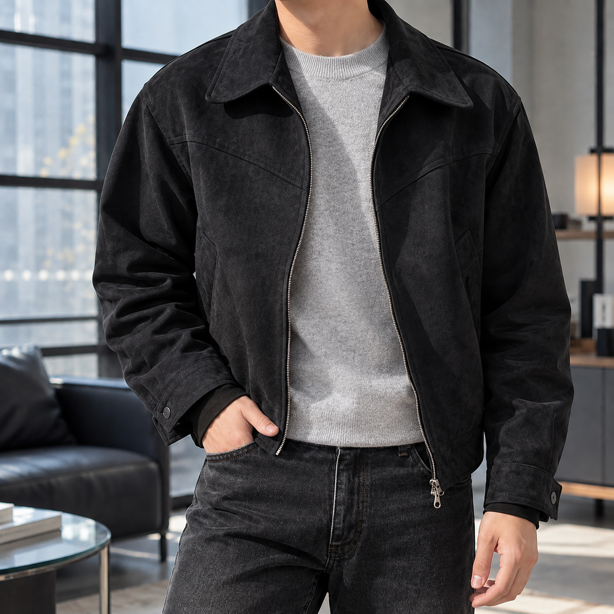 Men's Collared Zip-Up Jacket with Relaxed Fit - product view 3