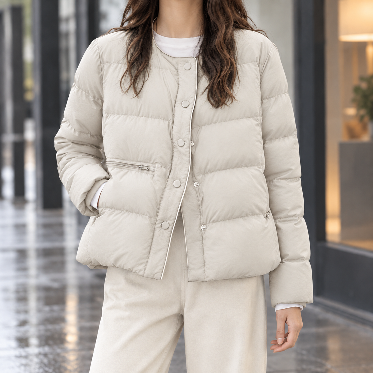 Women's Collarless Quilted Snap-Front Jacket - product view 3